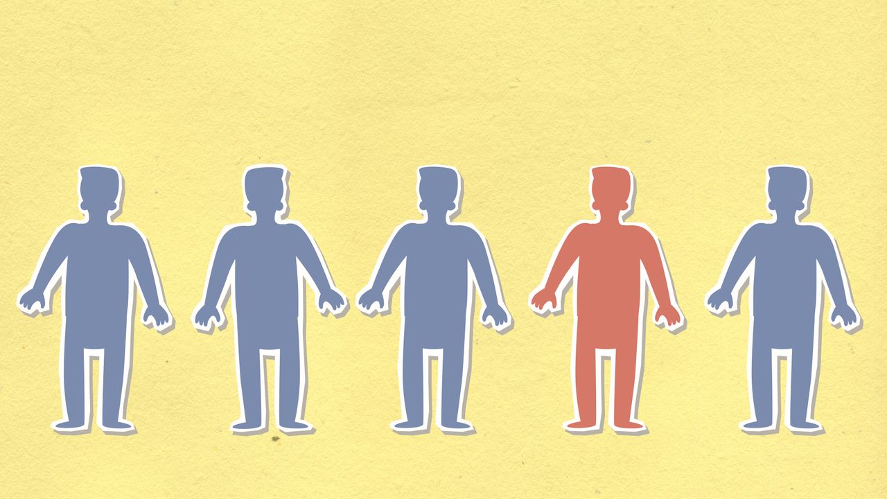 Decorative cardboard illustration of blue and red figures in row representing health and illness concept on yellow background